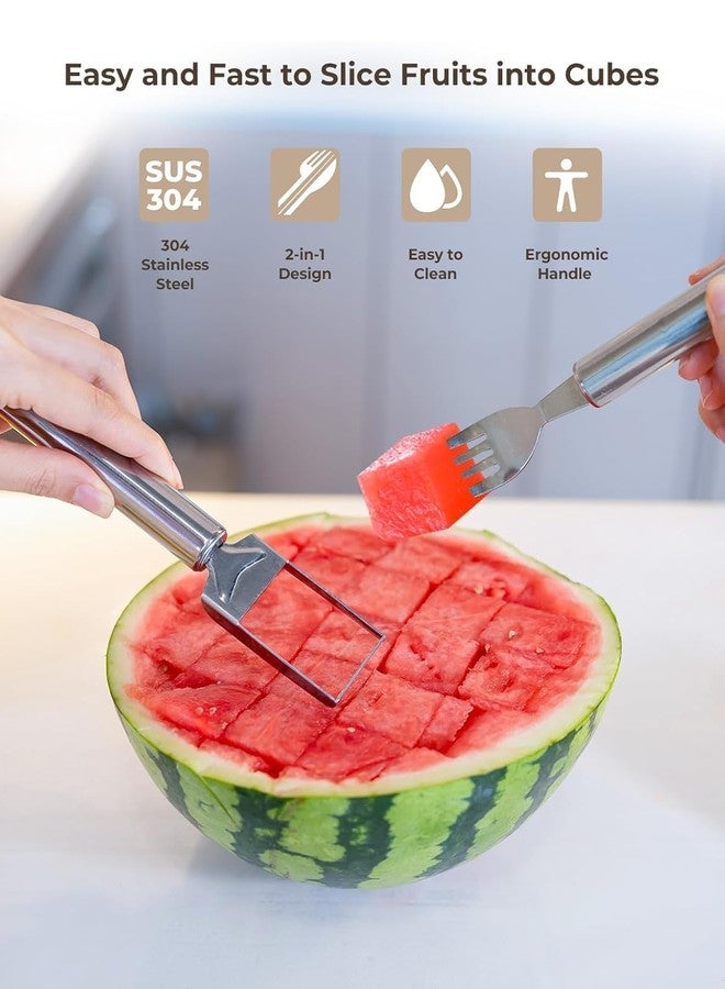 OLAFUR 2 Pack Watermelon Fork Cutter Slicer Tool, 2-in-1 Stainless Steel Fruit Cutter Melon Slicer Cutter Tool, Watermelon Cutting Tool for Home Party Camping Kitchen Gadget (Pack of 2) - Image 2